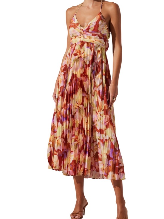 Astr Dresses & Skirts - Astr Pleated Floral Midi Dress in Red, Yellow, Pink